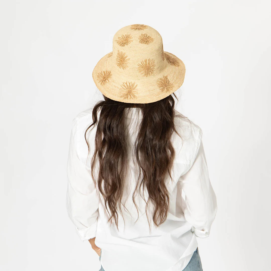 Sol - Women's Crochet Raffia Bucket Hat with Embroidered Paper Flowers