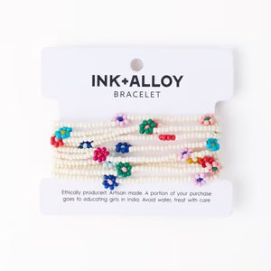 Sage Multi-Color Flower Beaded 10 Strand Stretch Bracelets Ivory
