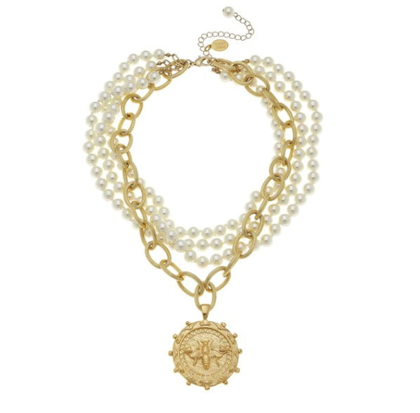 Susan Shaw | Bee Pendant Multi Strand Pearl Necklace