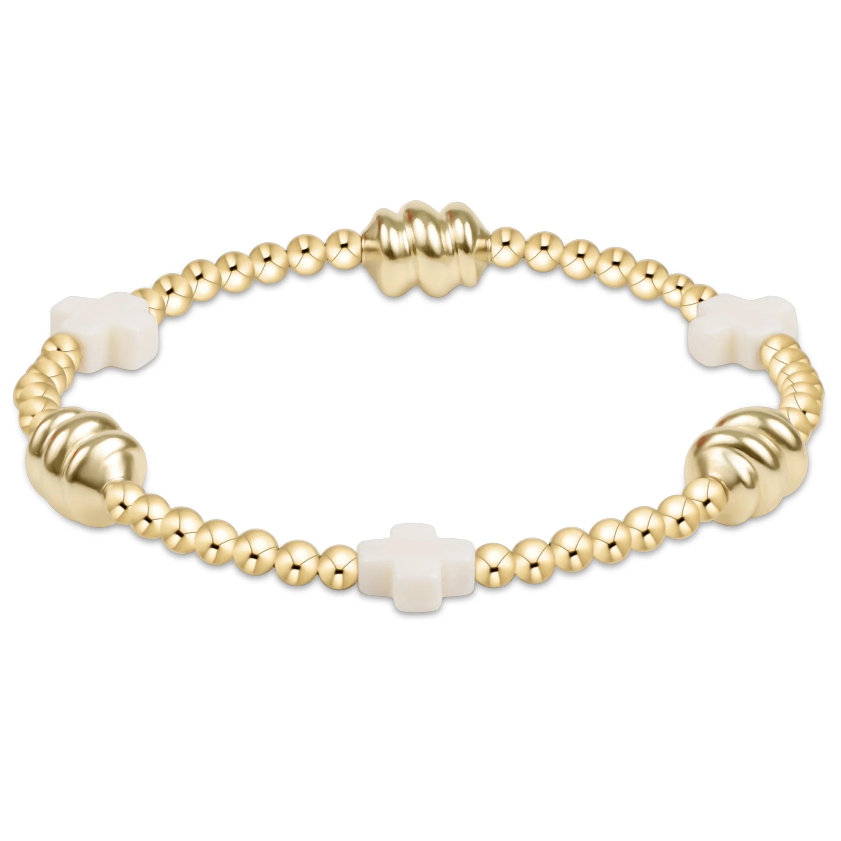 eNewton | Signature Cross Admire Gold Pattern 3mm Bead Bracelet - Off White