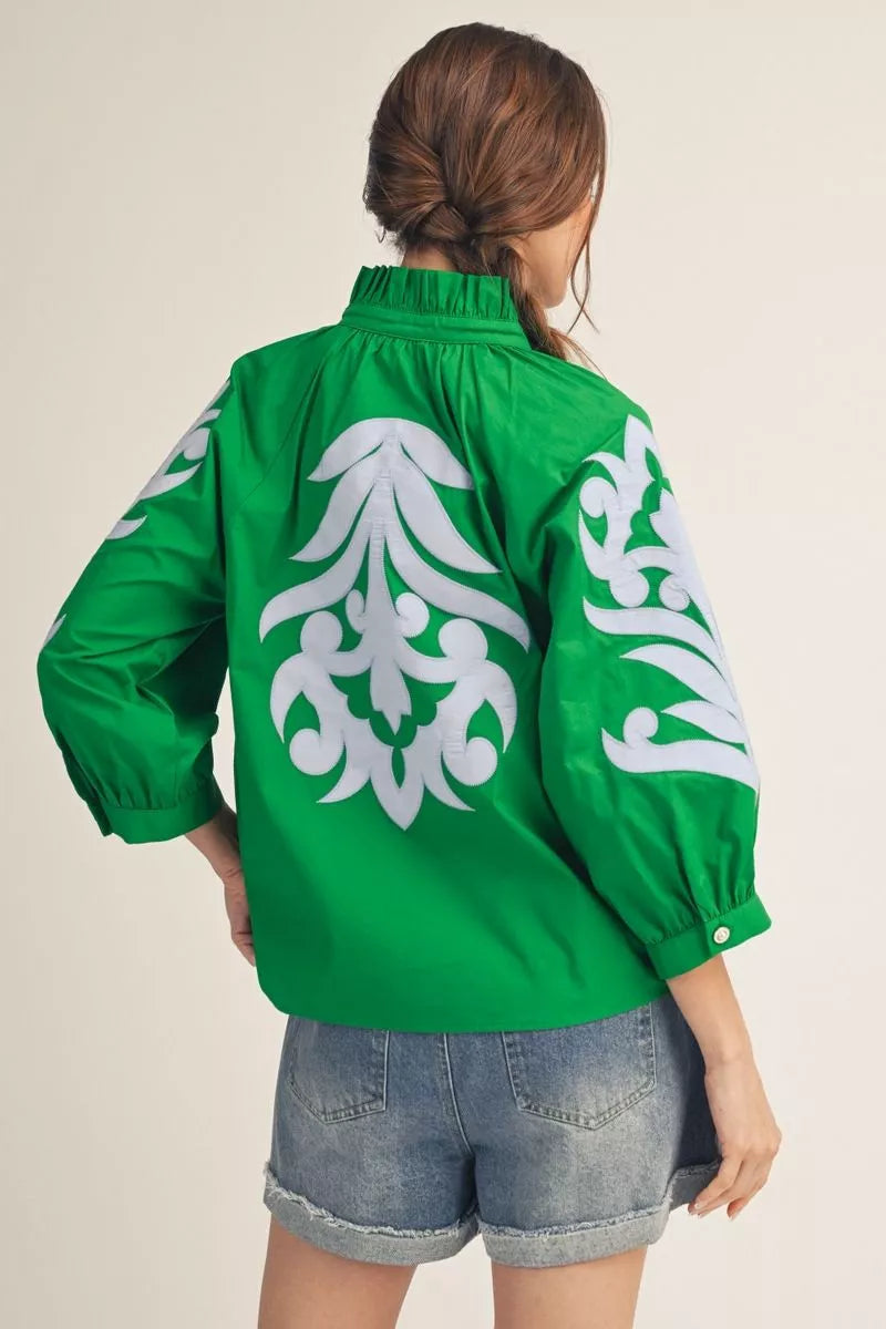 Marissa Kelly Green/Blue Floral Embroidered Top