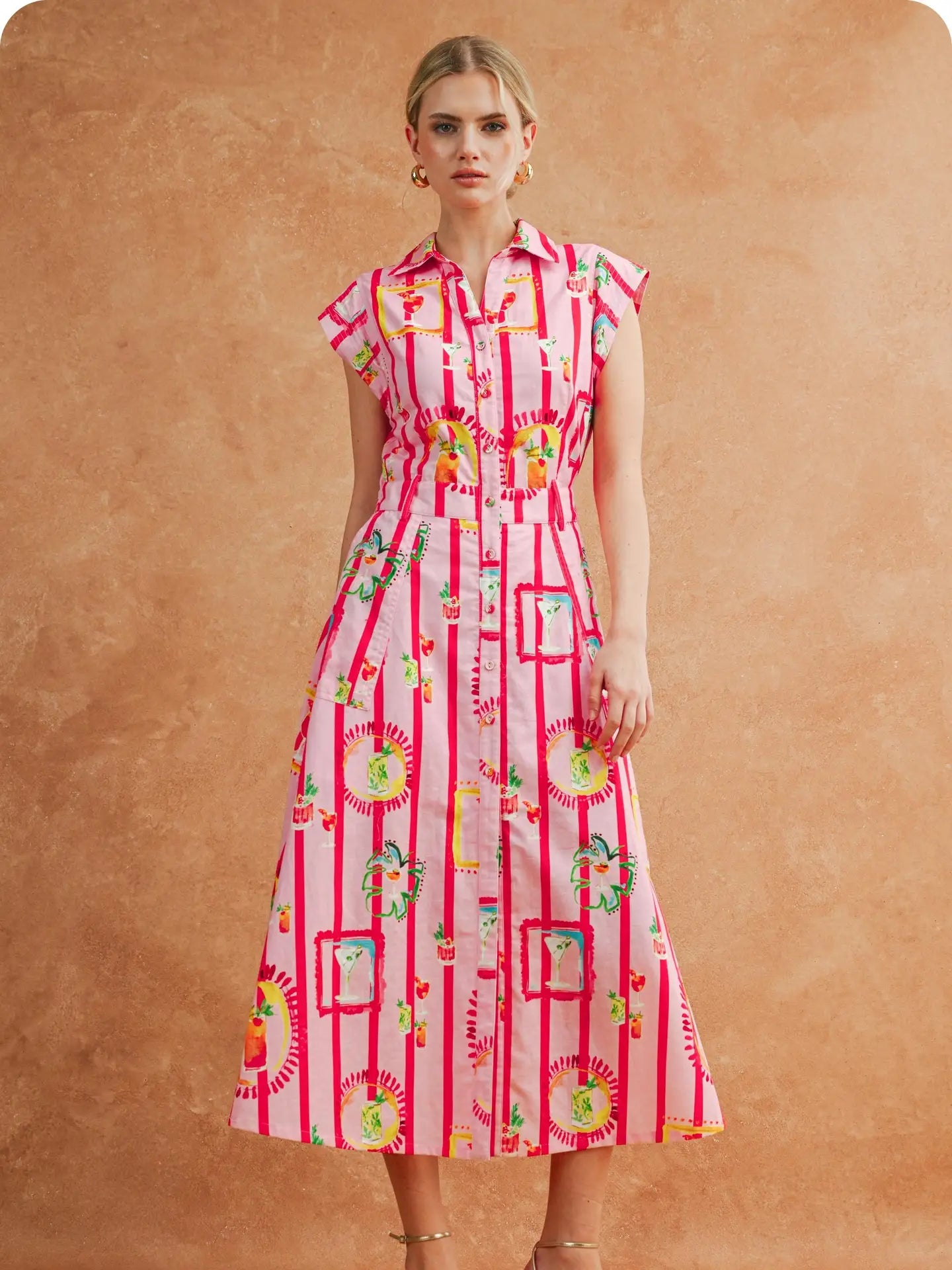 Happy Hour Striped Cocktail Print Shirt Midi Dress
