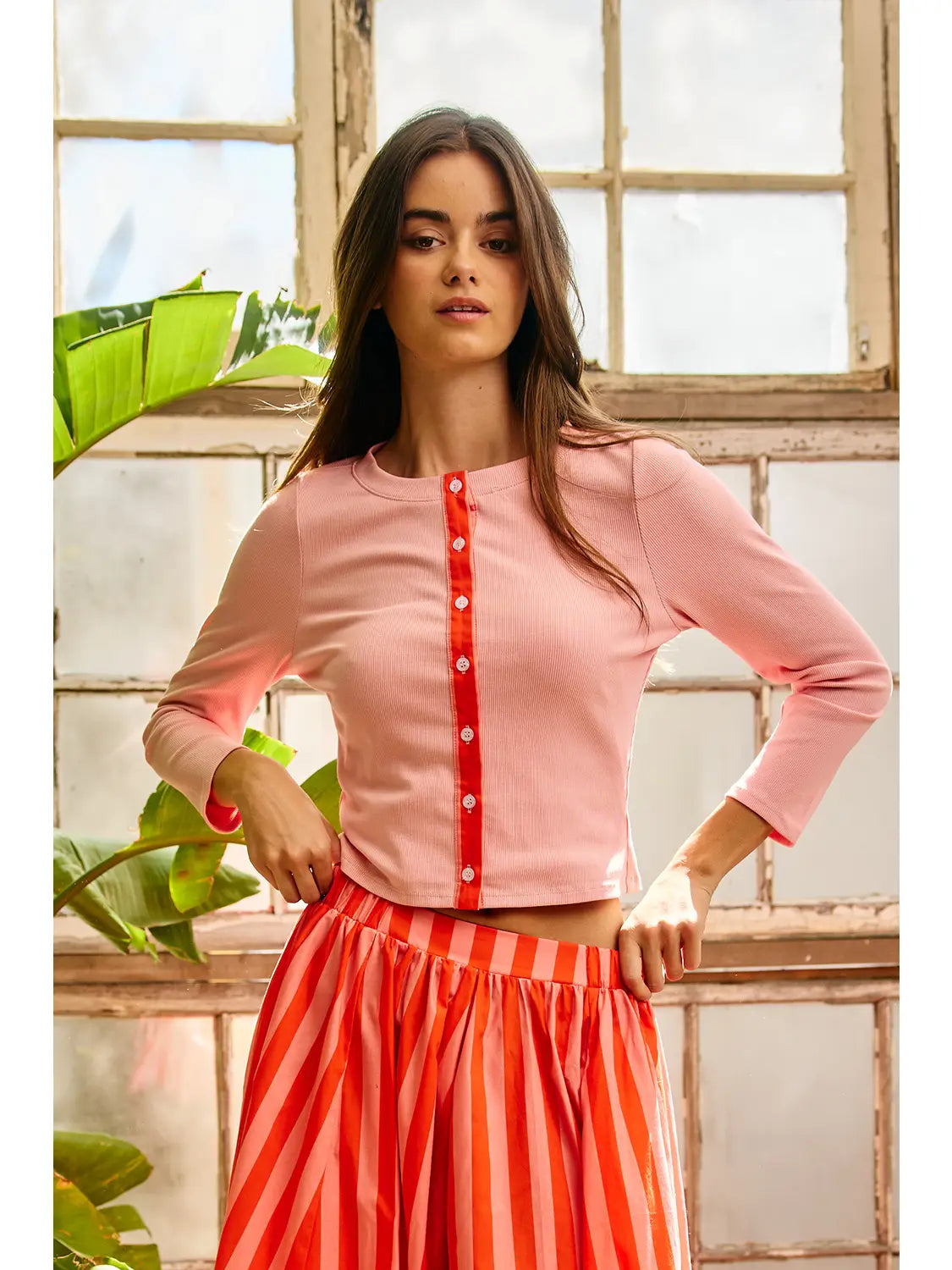 Contrast Trim Ribbed Top