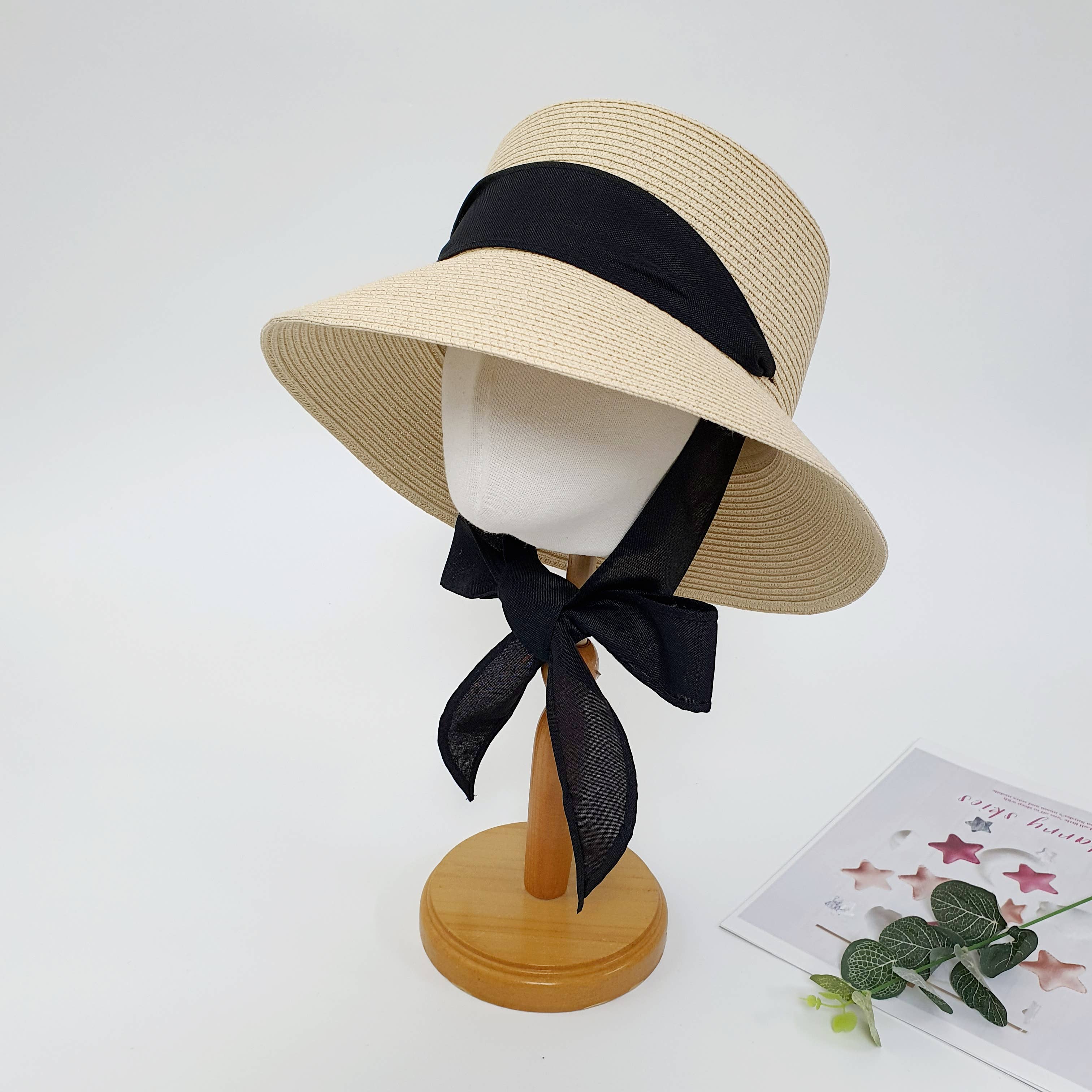 Natural Paper Straw Elegant Summer Hat with Ribbon Tie