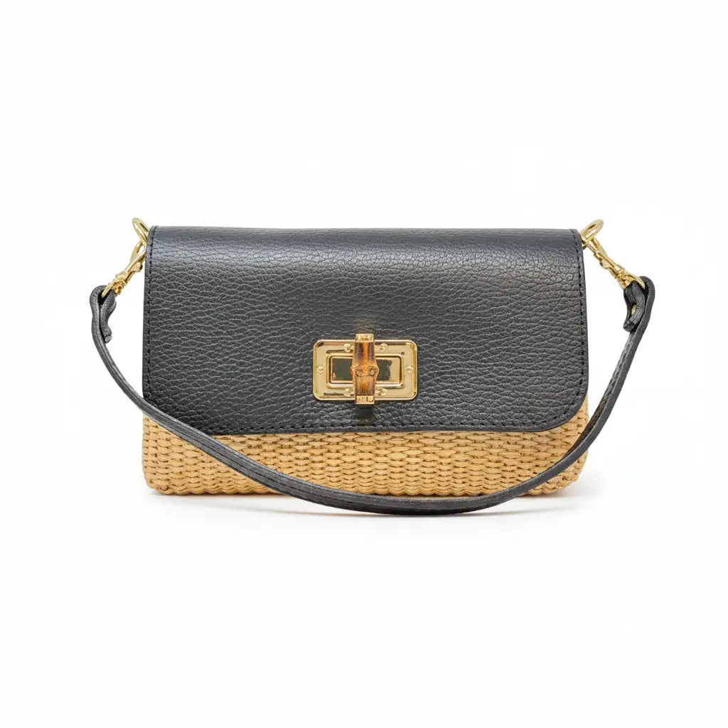 Sydney Leather Bamboo Clasp & Raffia Crossbody Bag