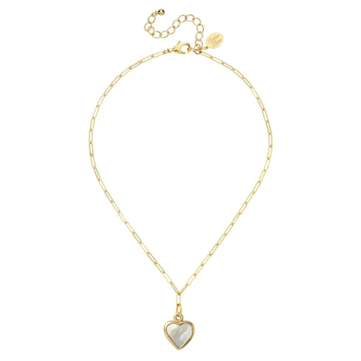 Mother of Pearl Heart Small Gold Paperclip Necklace
