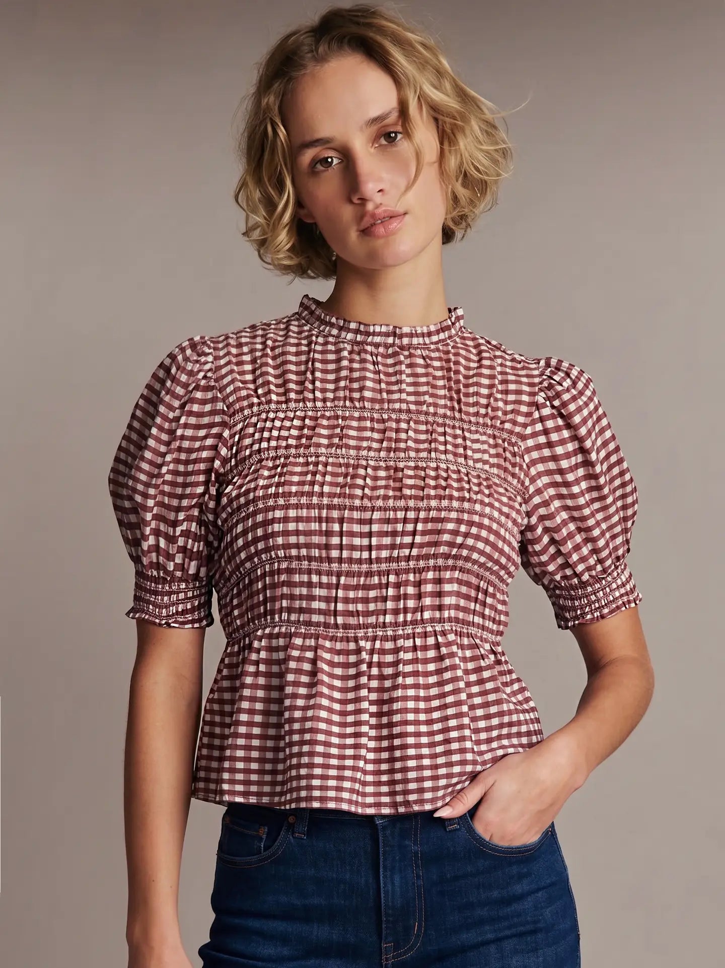 Serra Plaid Smocked Puff Sleeve Shirt