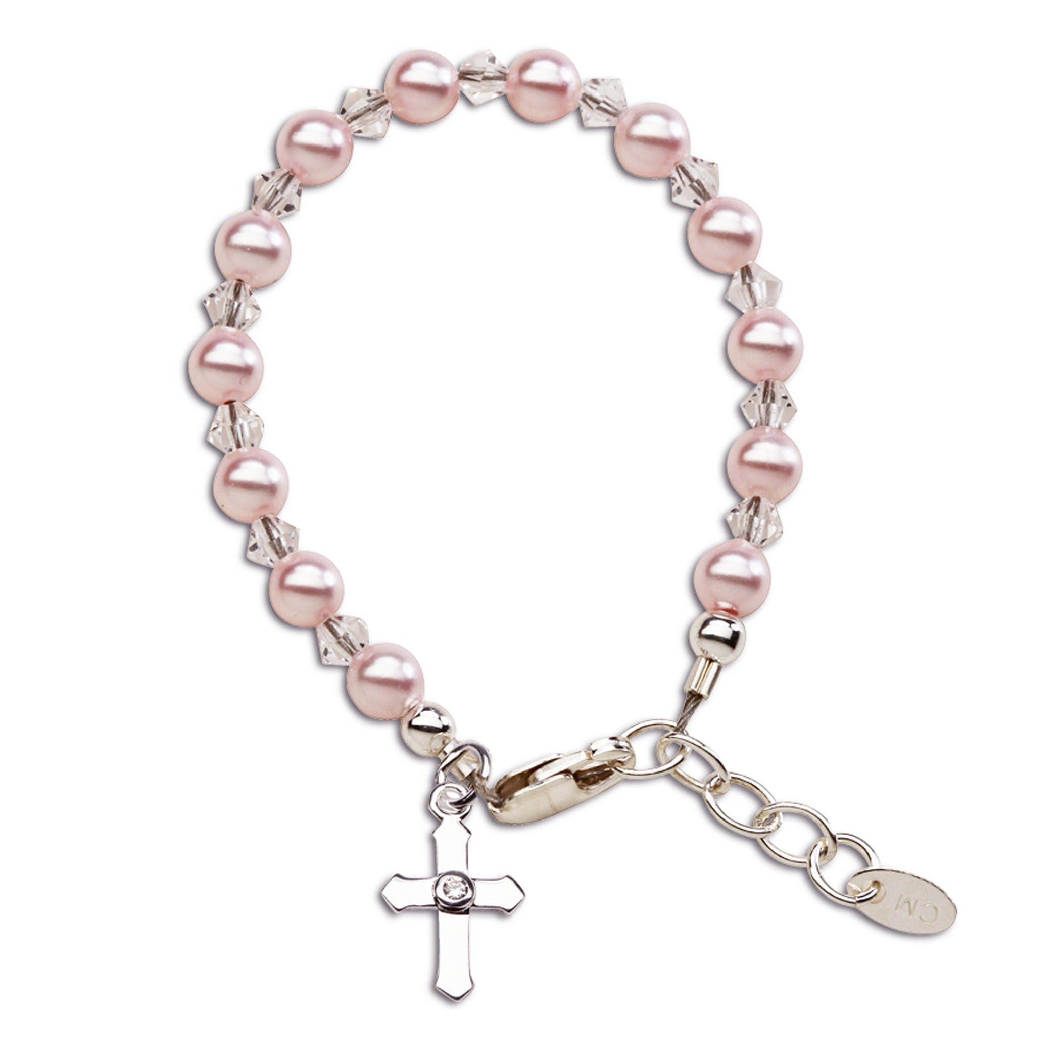 Sterling Silver Pink Pearl Cross Baby Bracelet Kids Jewelry