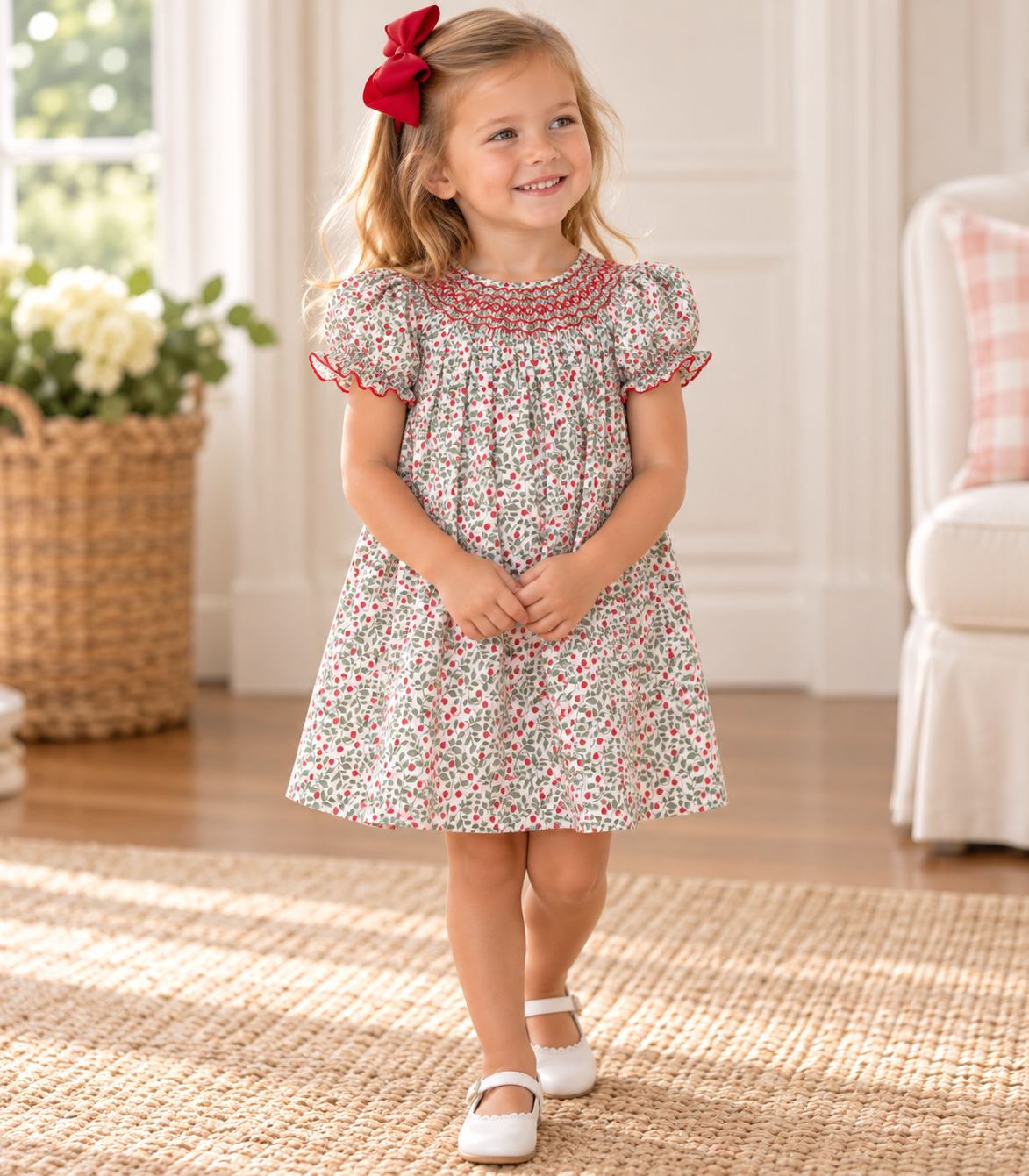 Sophia Green & Red Short Sleeve Holiday Print Bishop Dress