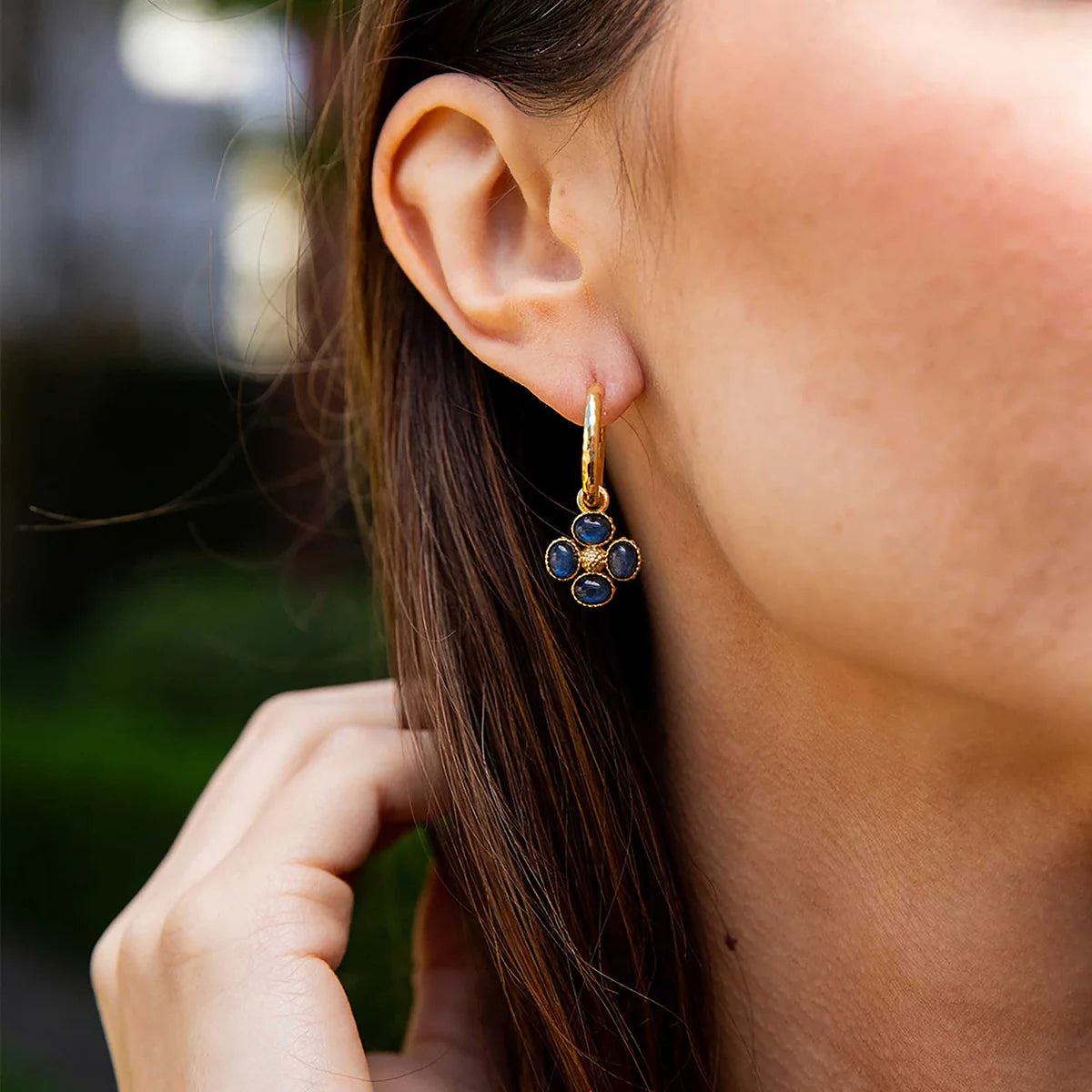 Berry Clover Hoop Earrings with Double Sided Charm - Blue Labradorite