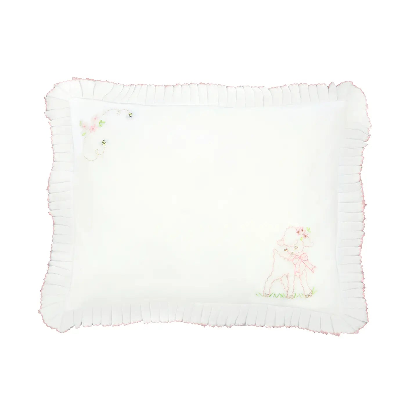 Lenora | Hand Embroidered Lamb & Bee Batiste Baby Pillow