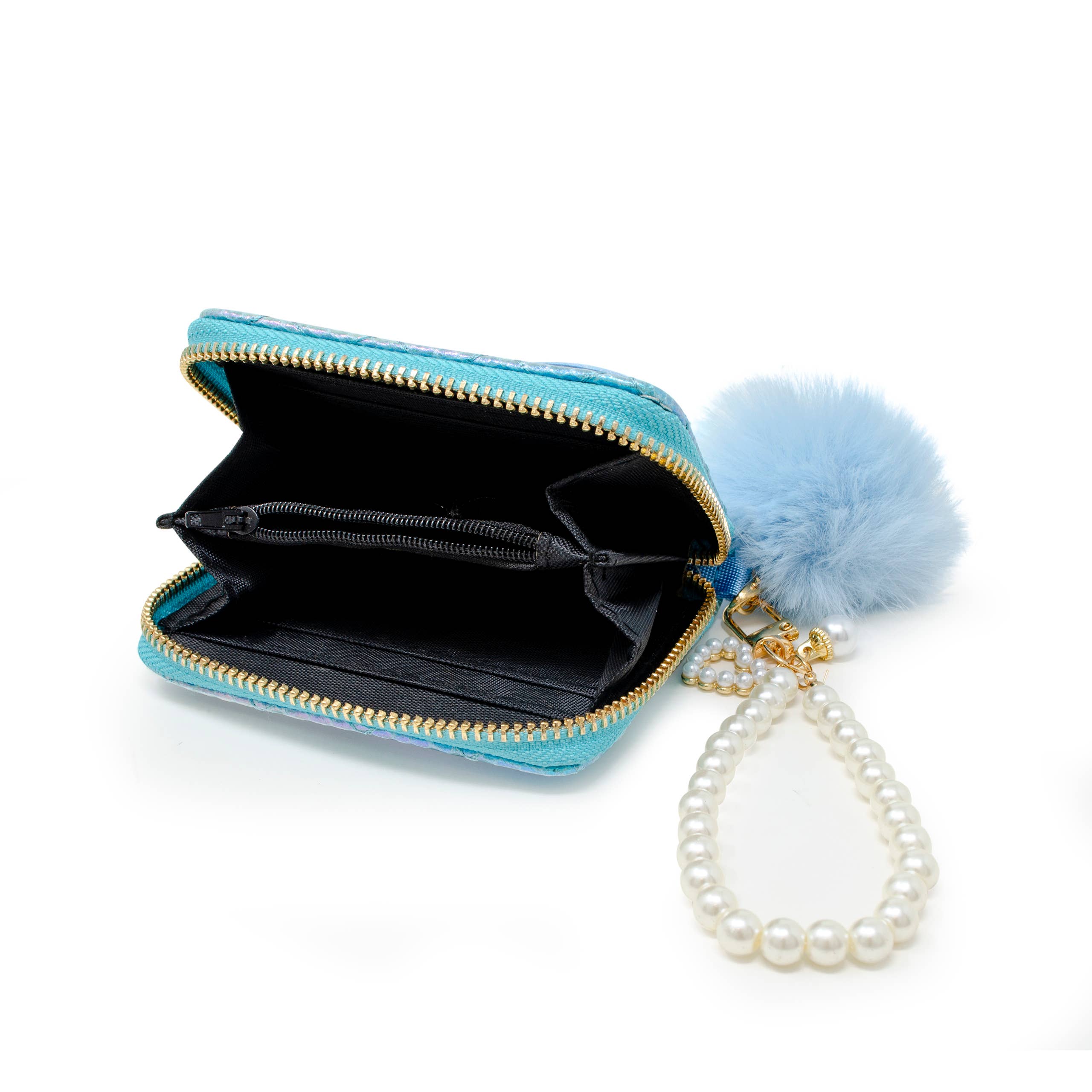 Mermaid Tail Pearl Strap Quilted Wallet with Pom-Pom