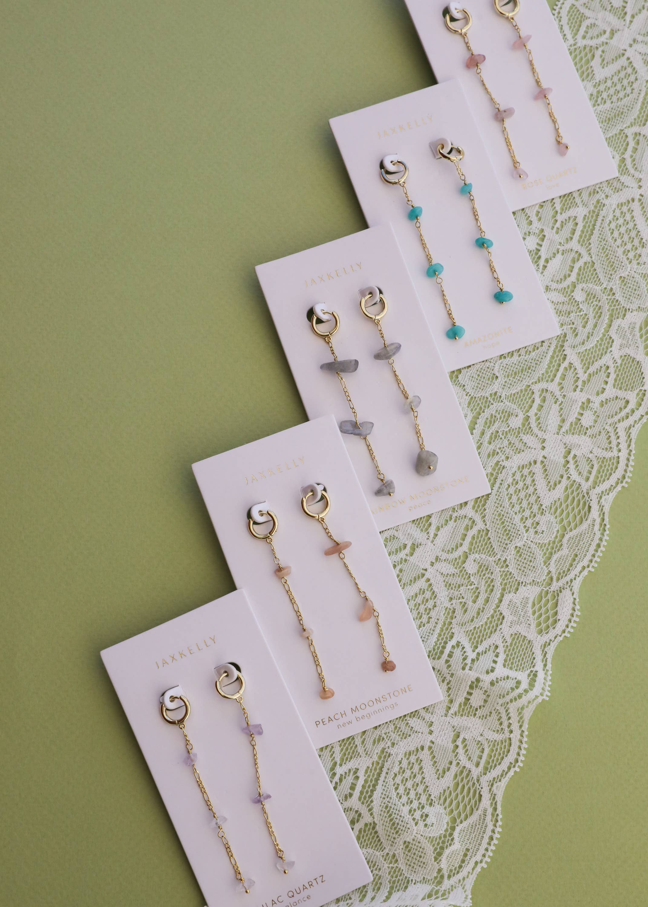 Raw Gemstone Chain Drop Earring - Peach Moonstone