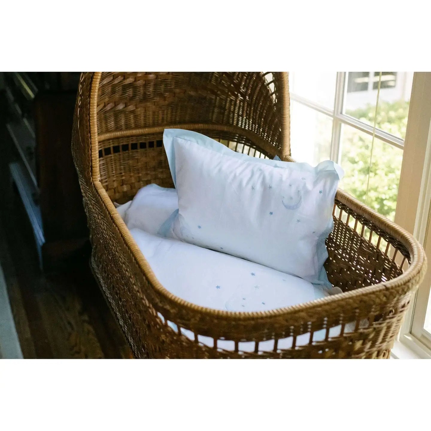 Lenora | Hand Embroidered Over the Moon Batiste Baby Pillow