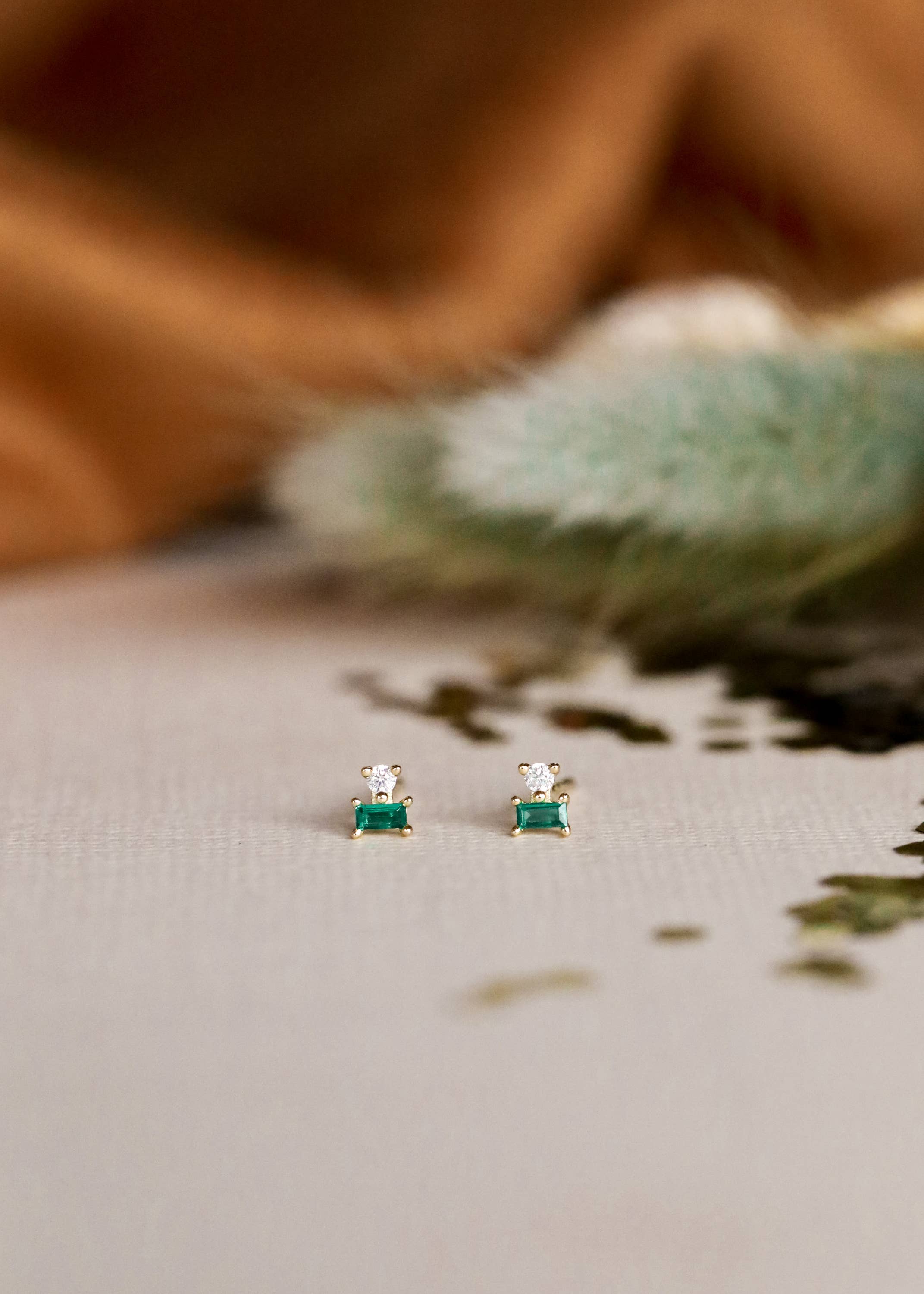 Double Stud Stack - Emerald - Gold Earrings