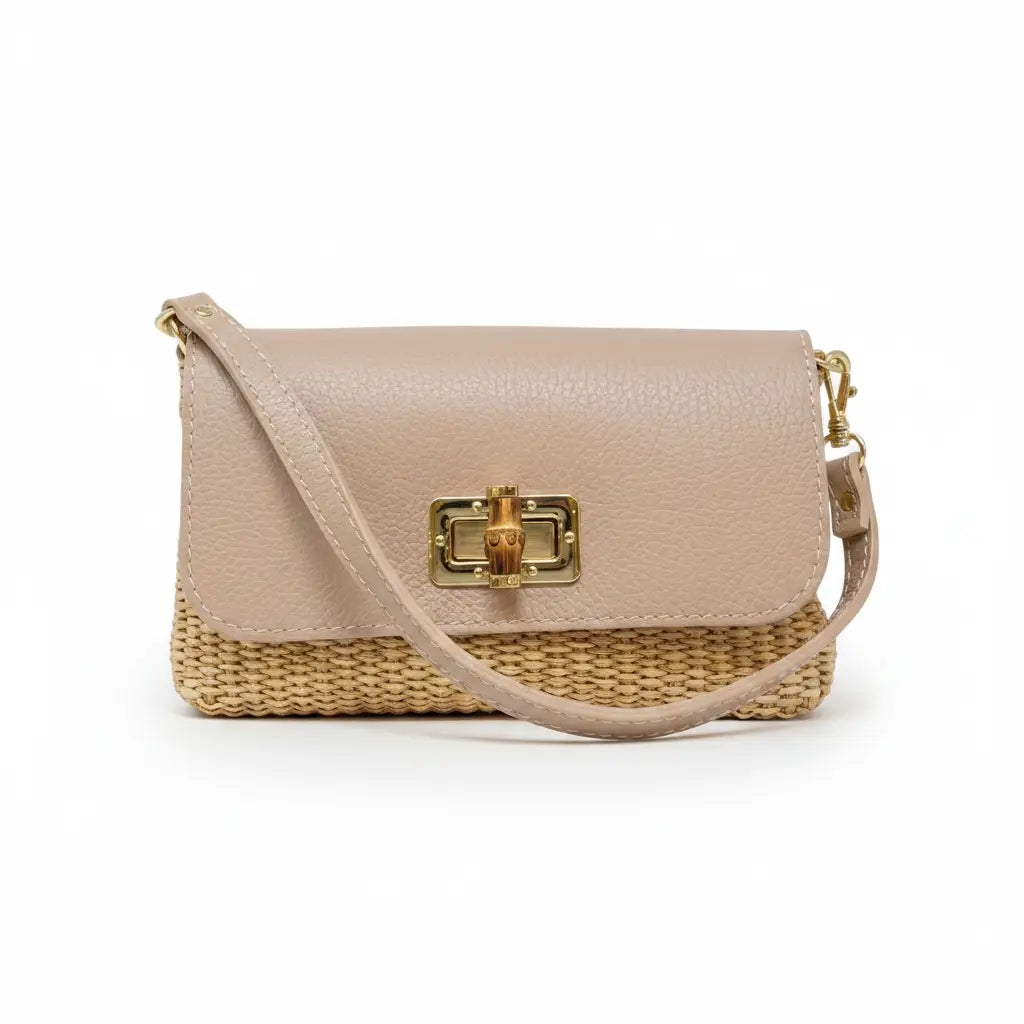 Sydney Leather Bamboo Clasp & Raffia Crossbody Bag