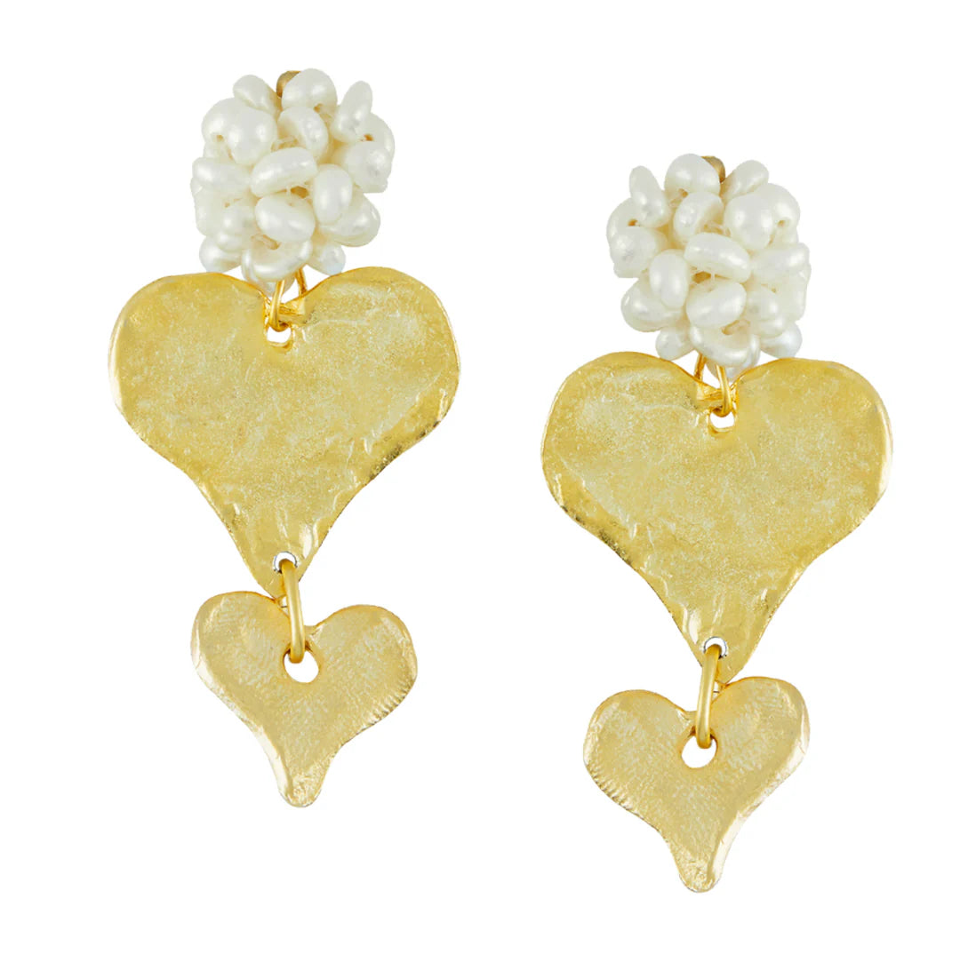 Susan Shaw | Gold Handcast Hearts & Freshwater Pearl Cluster Earring