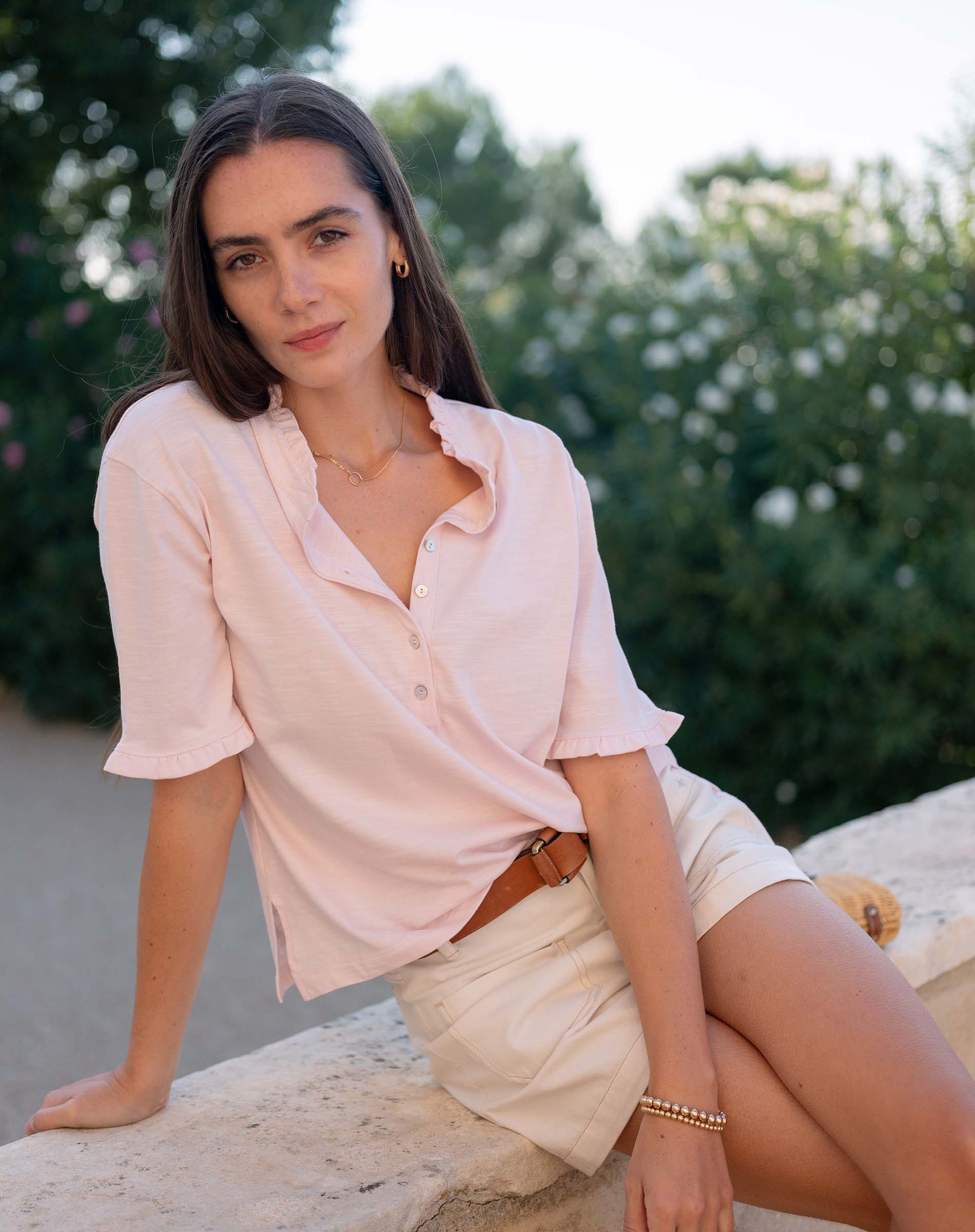 MERSEA | Josephine Ruffle Henley Tee - Rose Quartz