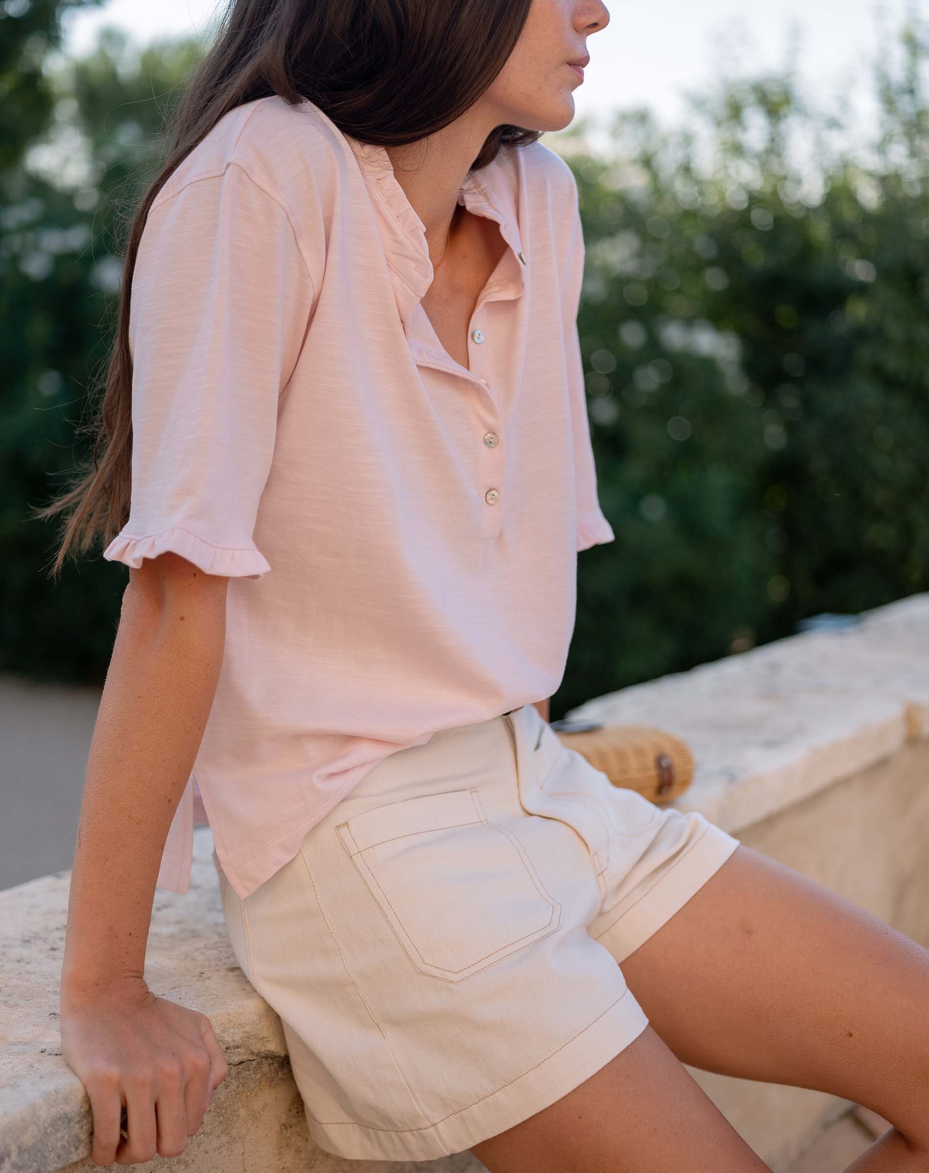 MERSEA | Josephine Ruffle Henley Tee - Rose Quartz