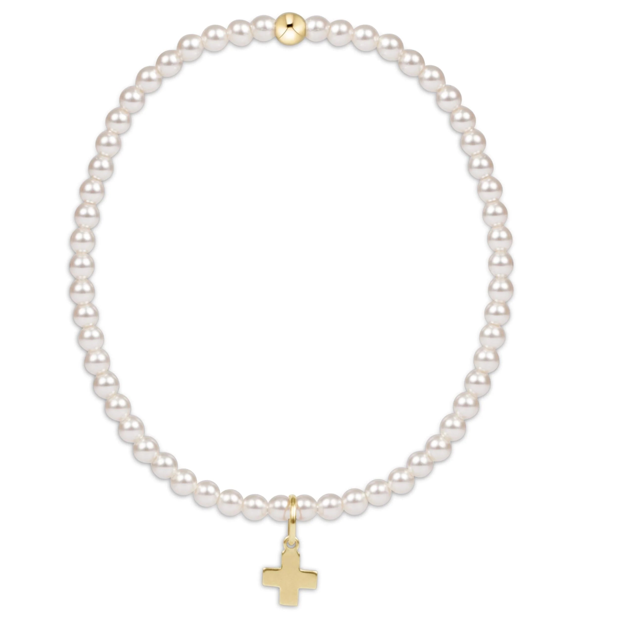 eNewton | Classic Pearl 3mm Bead Bracelet - Signature Cross Gold Charm