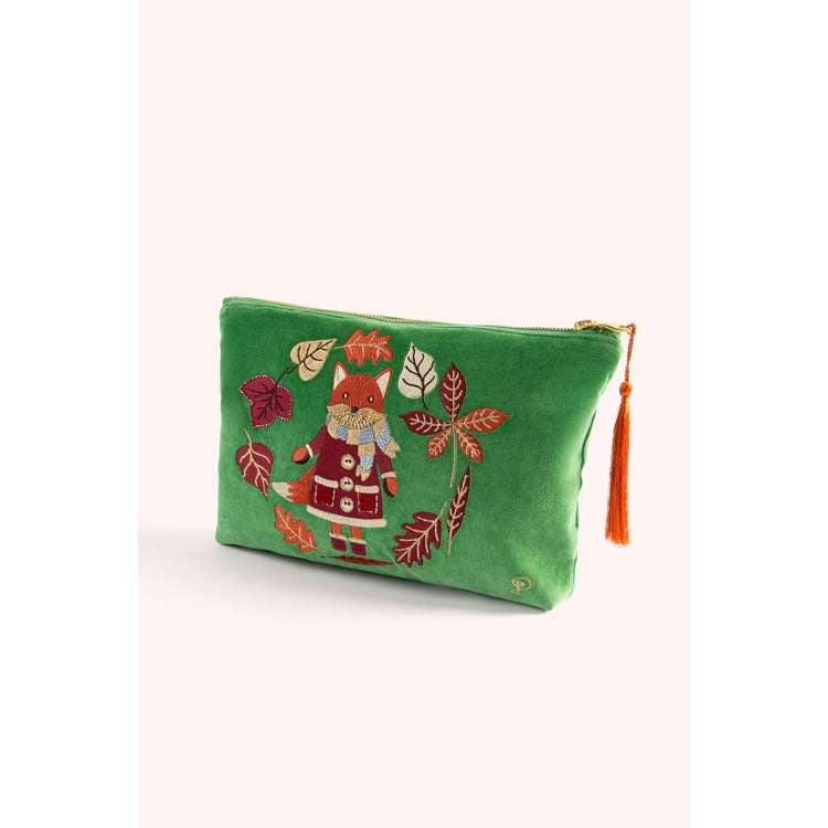 Powder Designs | Velvet Embroidered Zip Pouch w/ Cosy Fox