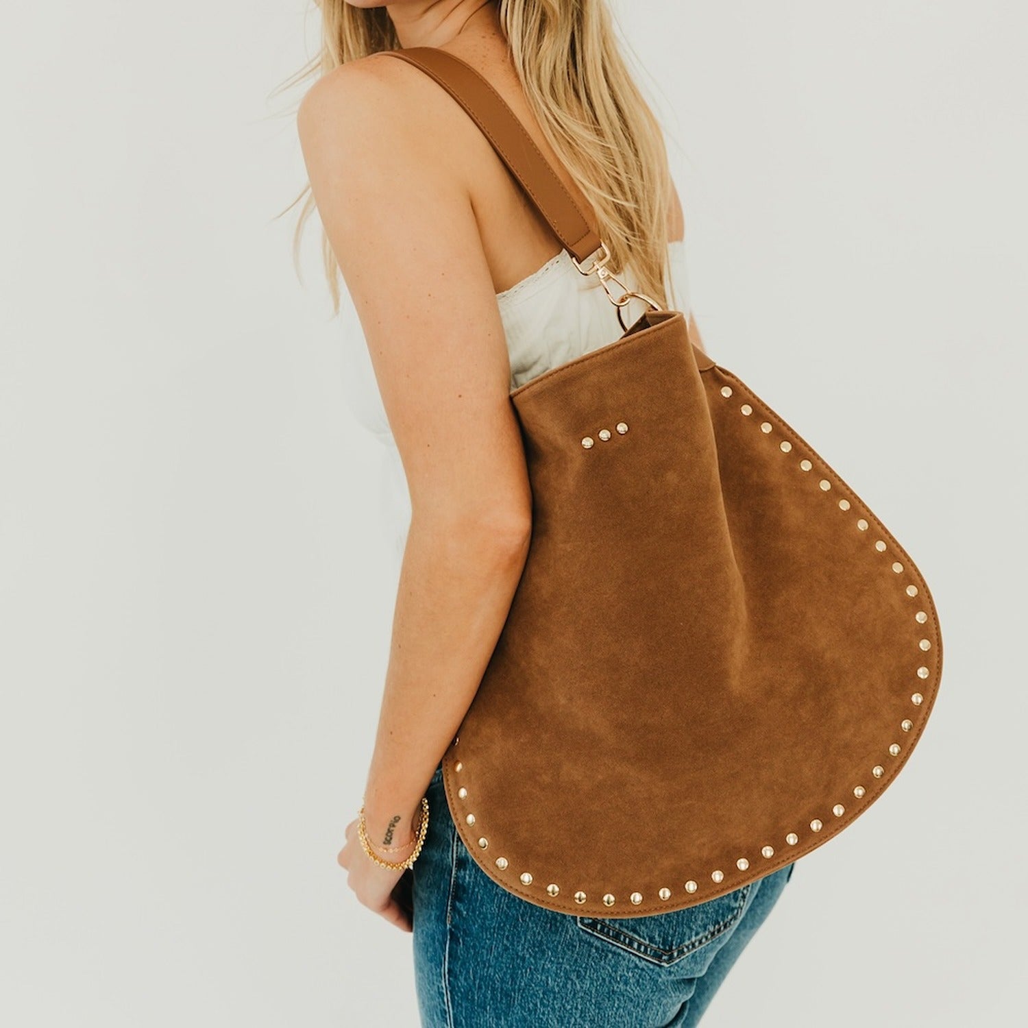 Camel Rosalie Rivet Suede Hobo Bag
