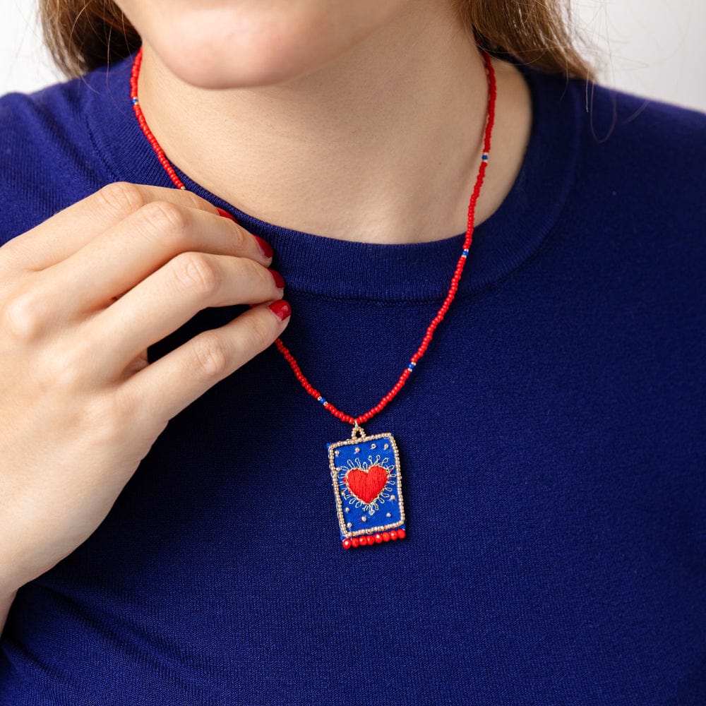 Ink + Alloy | Robin Beaded Embroidered Heart Pendant Neckace