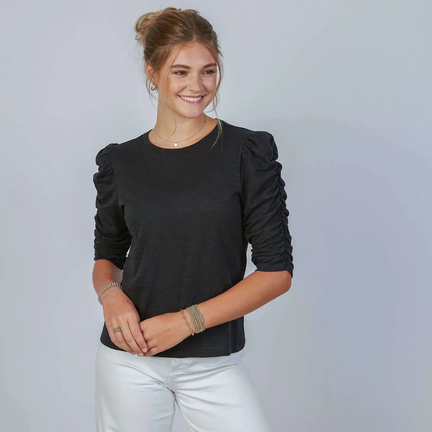Sophie Ruched Elbow-Length Tee in Black