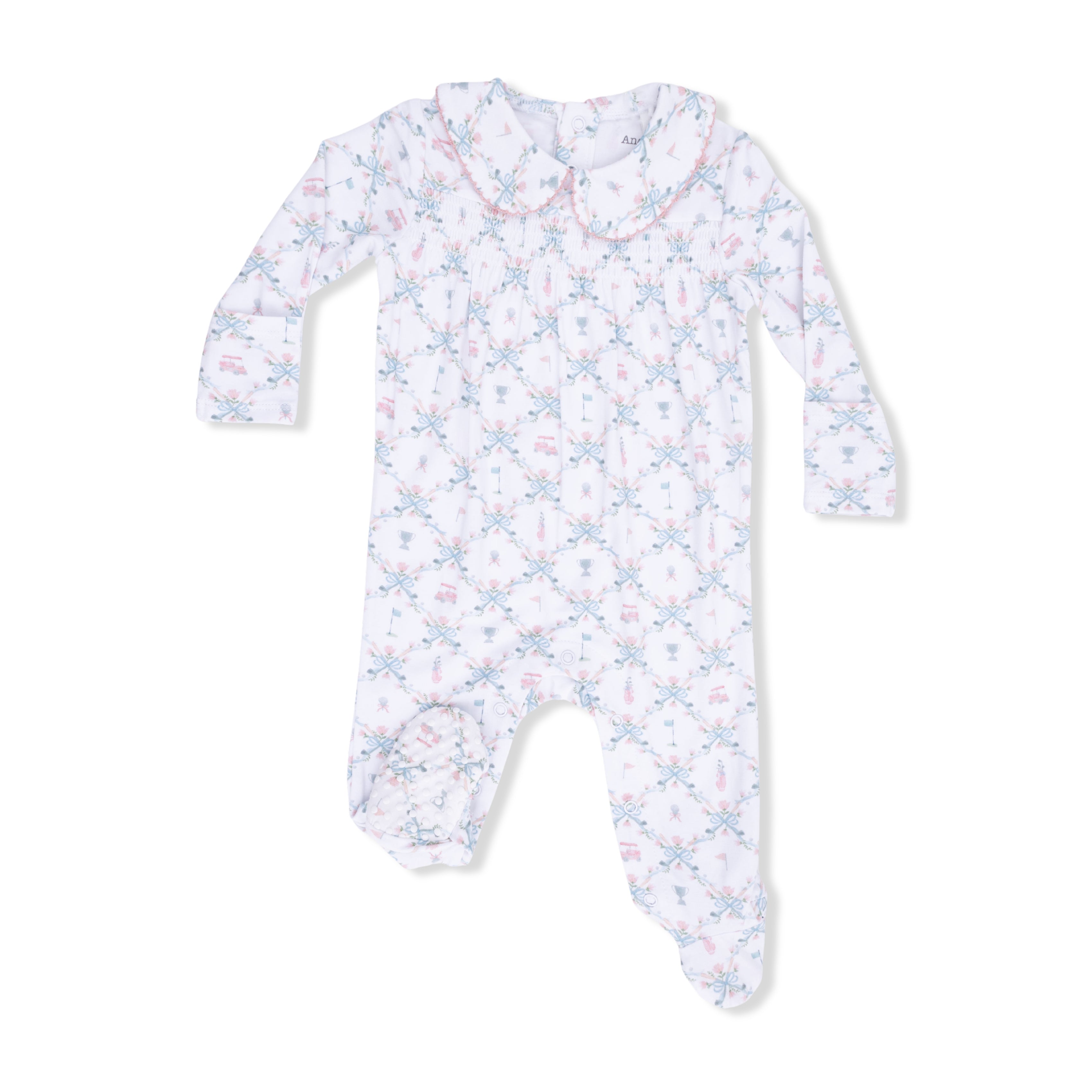 Angel Dear | Golf Trellis Pink Smocked Peter Pan Snap Footie