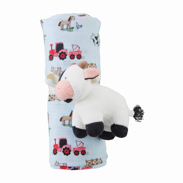 MudPie | Blue Cow Swaddle and Rattle