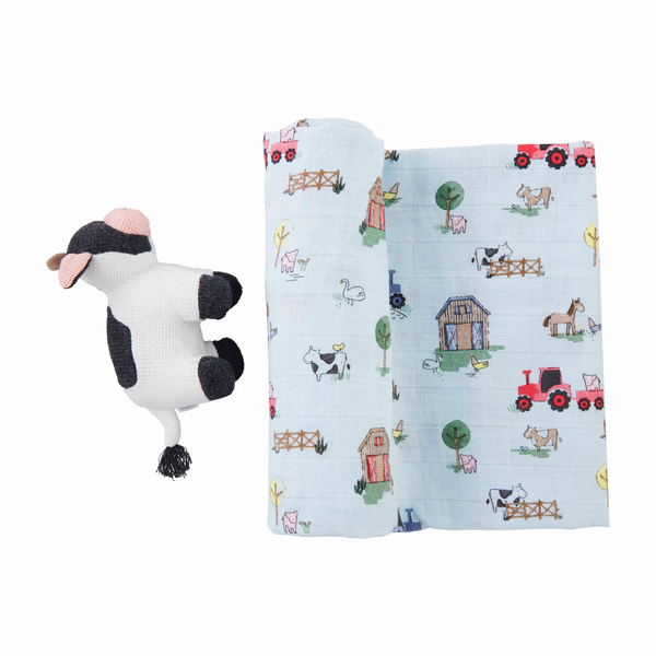 MudPie | Blue Cow Swaddle and Rattle