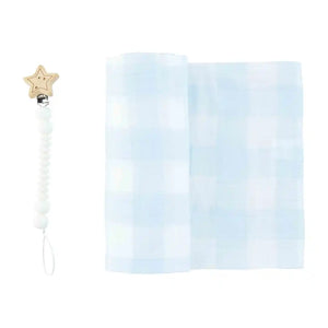 MudPie | Blue Gingham Swaddle and Paci Clip Set