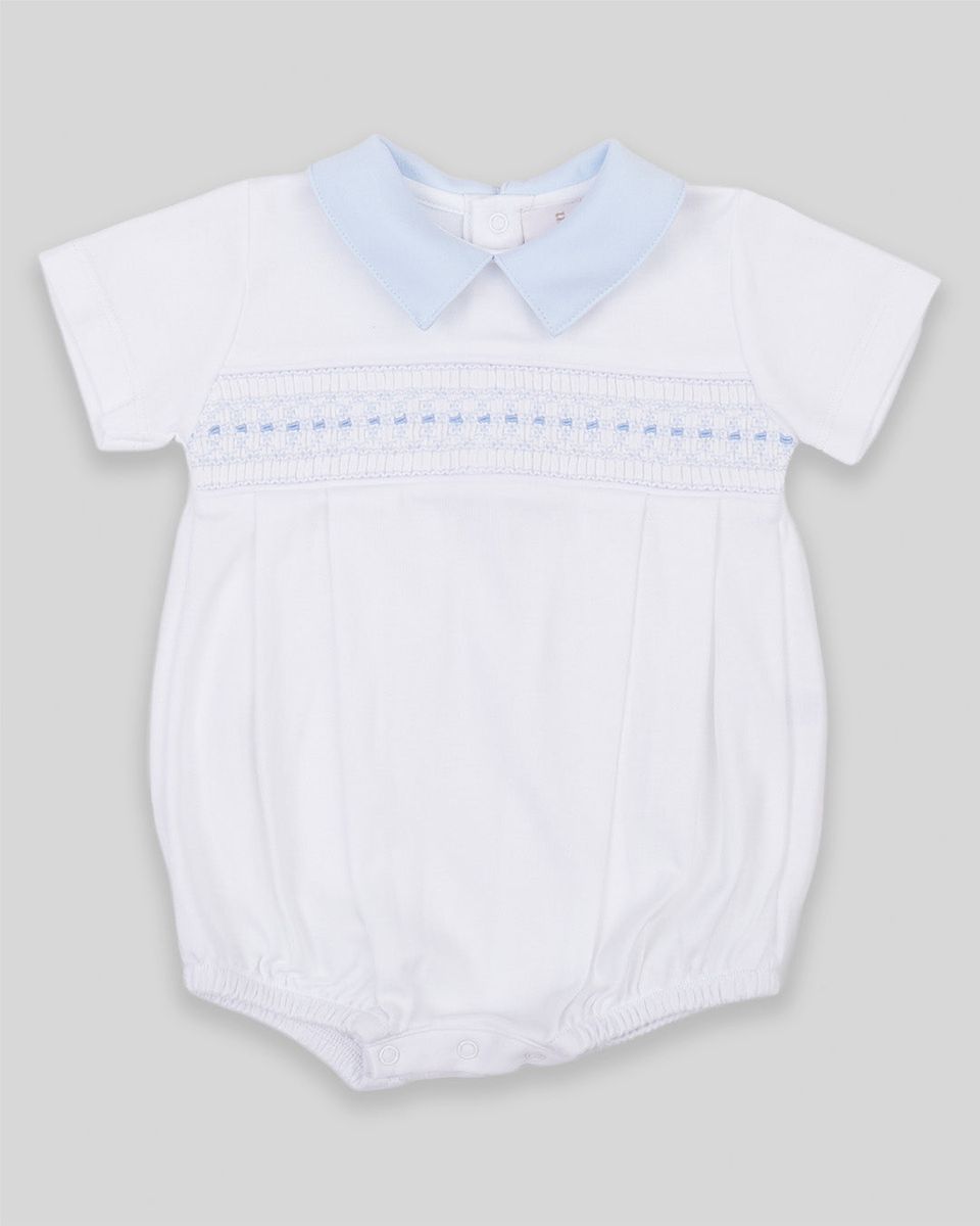 Renzi Baby Boy Pima Cotton Hand Smocked Bubble- White/Blue