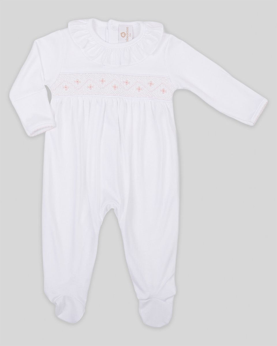 Alma Baby Girl Pima Cotton Hand Smocked Footie- White/Pink