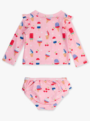 Girls Sweet Freedom Flutter Long Sleeve Rash Guard Skirted 2-Piece Swimsuit