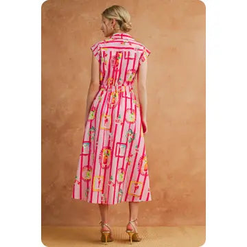 Happy Hour Striped Cocktail Print Shirt Midi Dress