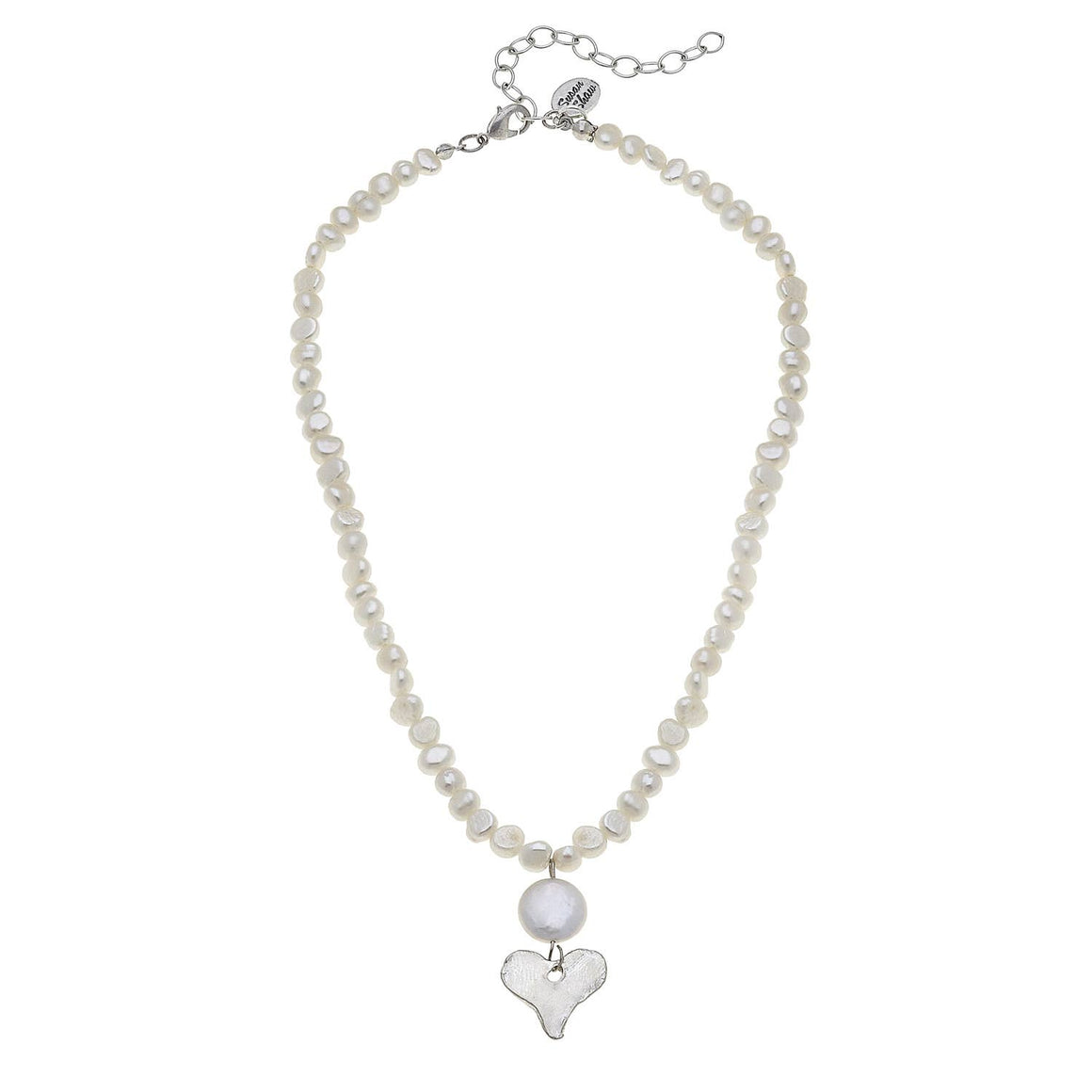 Susan Shaw | Dainty Silver Heart + Coin Pearl Necklace