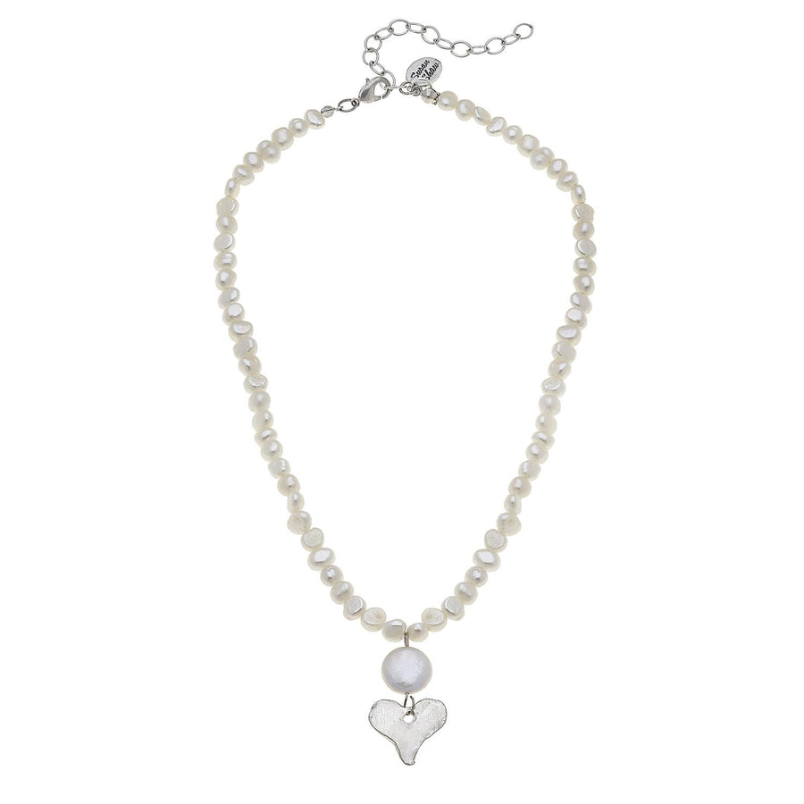 Susan Shaw | Dainty Silver Heart + Coin Pearl Necklace