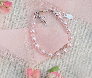 Sterling Silver Pink Pearl Cross Baby Bracelet Kids Jewelry