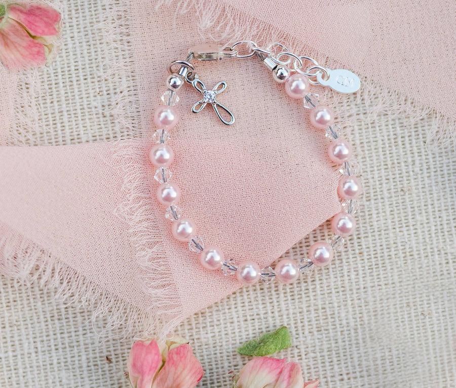 Sterling Silver Pink Pearl Cross Baby Bracelet Kids Jewelry