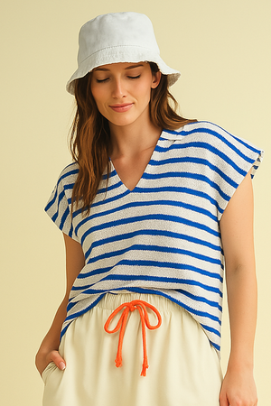 STRIPED COLLARED V NECK TOP