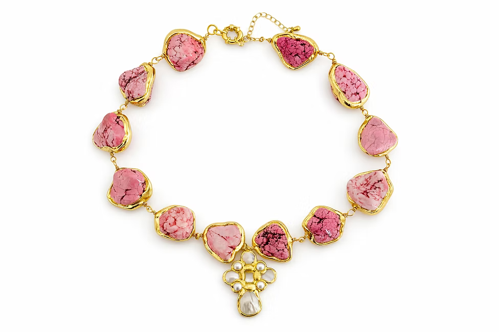 Stone Pearl Cross Necklace - Light Pink