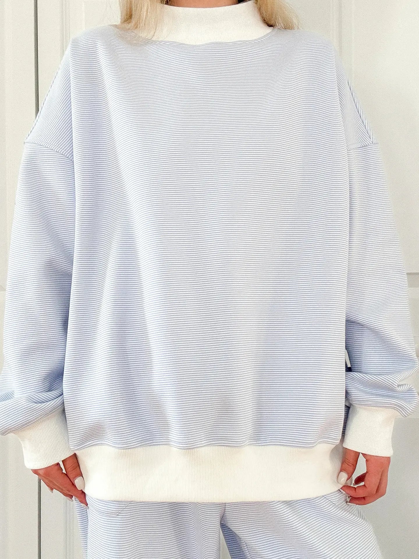 Blue & White Mini Stripe Mock Neck Sweatshirt