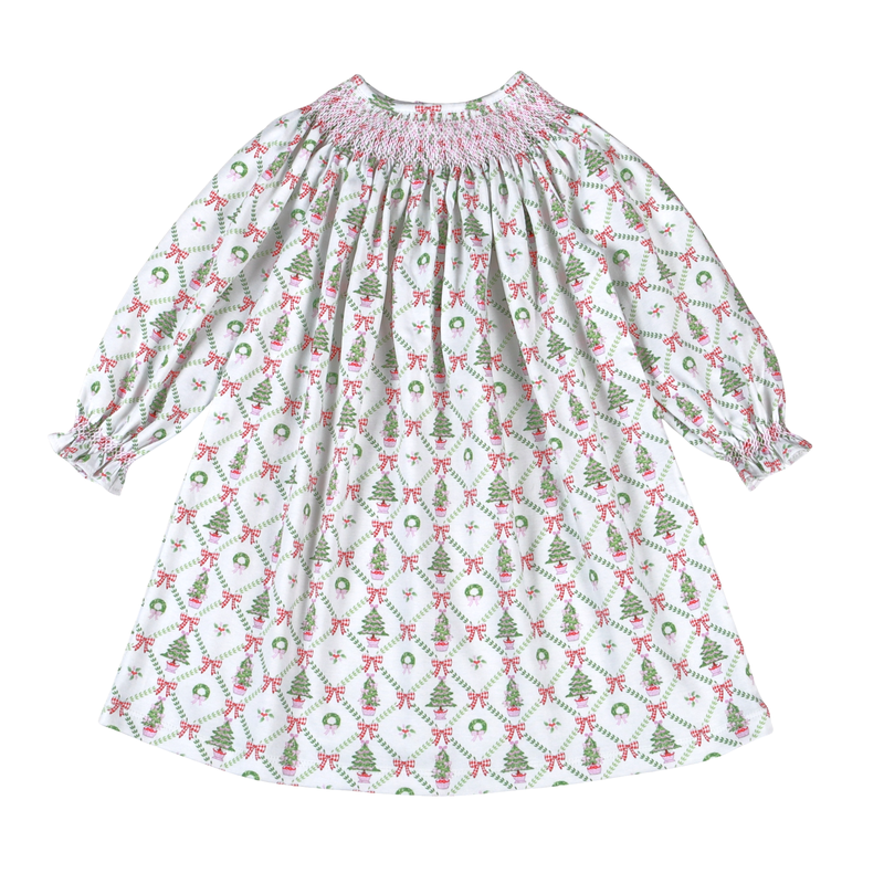 Christmas Trees Hand Smock Bishop Dress