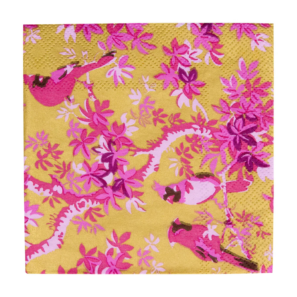 Caspari | Scenic Songbirds Rose/Gold Cocktail Napkin