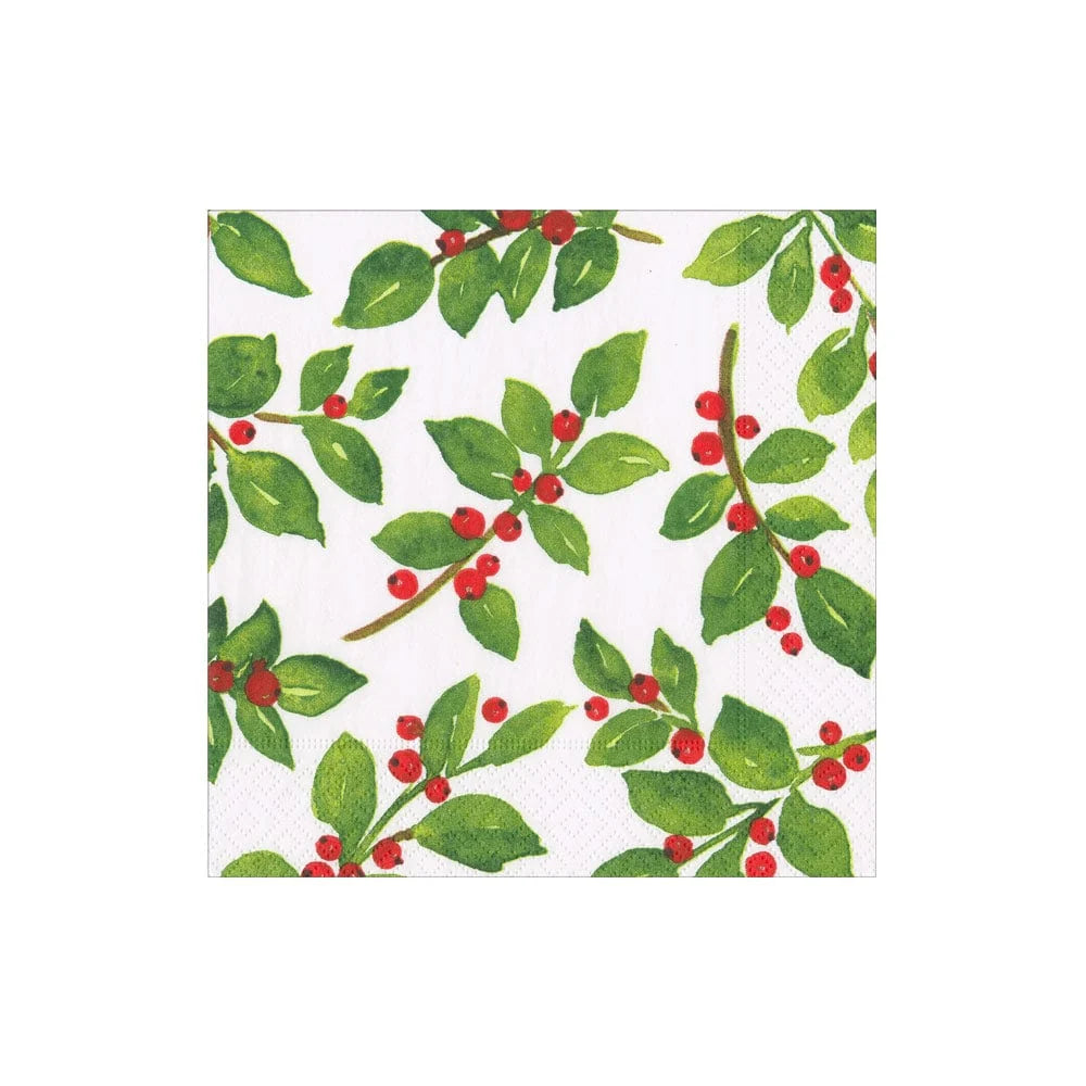 PAINTED HOLLY WHITE COCKTAIL NAPKIN
