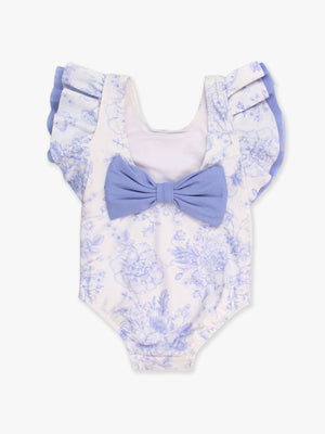 Girls Periwinkle Blue Butterfly Garden Toile Butterfly Sleeve One Piece Swimsuit