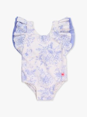 Girls Periwinkle Blue Butterfly Garden Toile Butterfly Sleeve One Piece Swimsuit