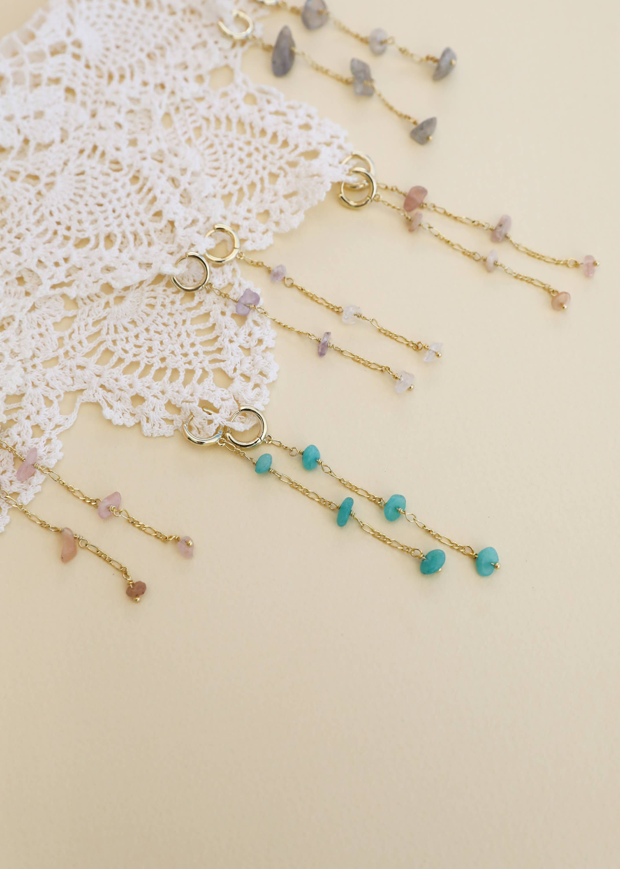 Raw Gemstone Chain Drop Earring - Peach Moonstone