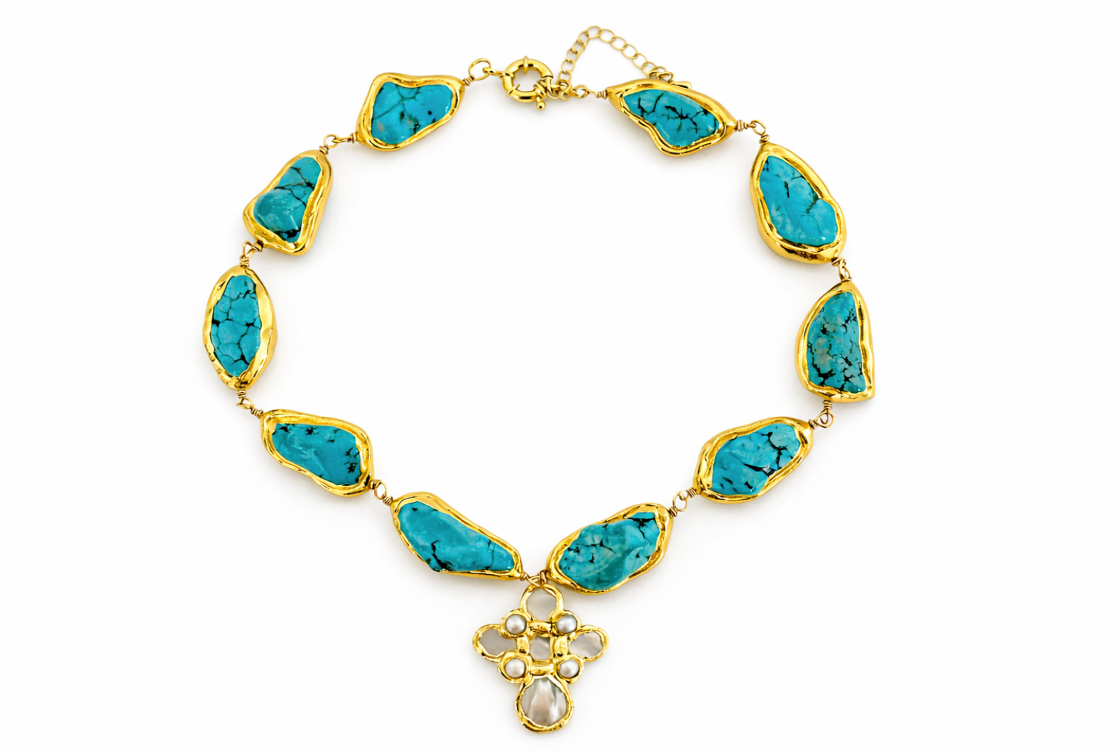 Stone Pearl Cross Necklace - Turquoise